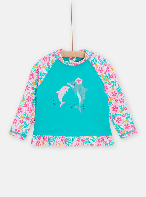Baby girl's blue bath T-shirt with floral print TYITEE / 24SI09G3MAI707