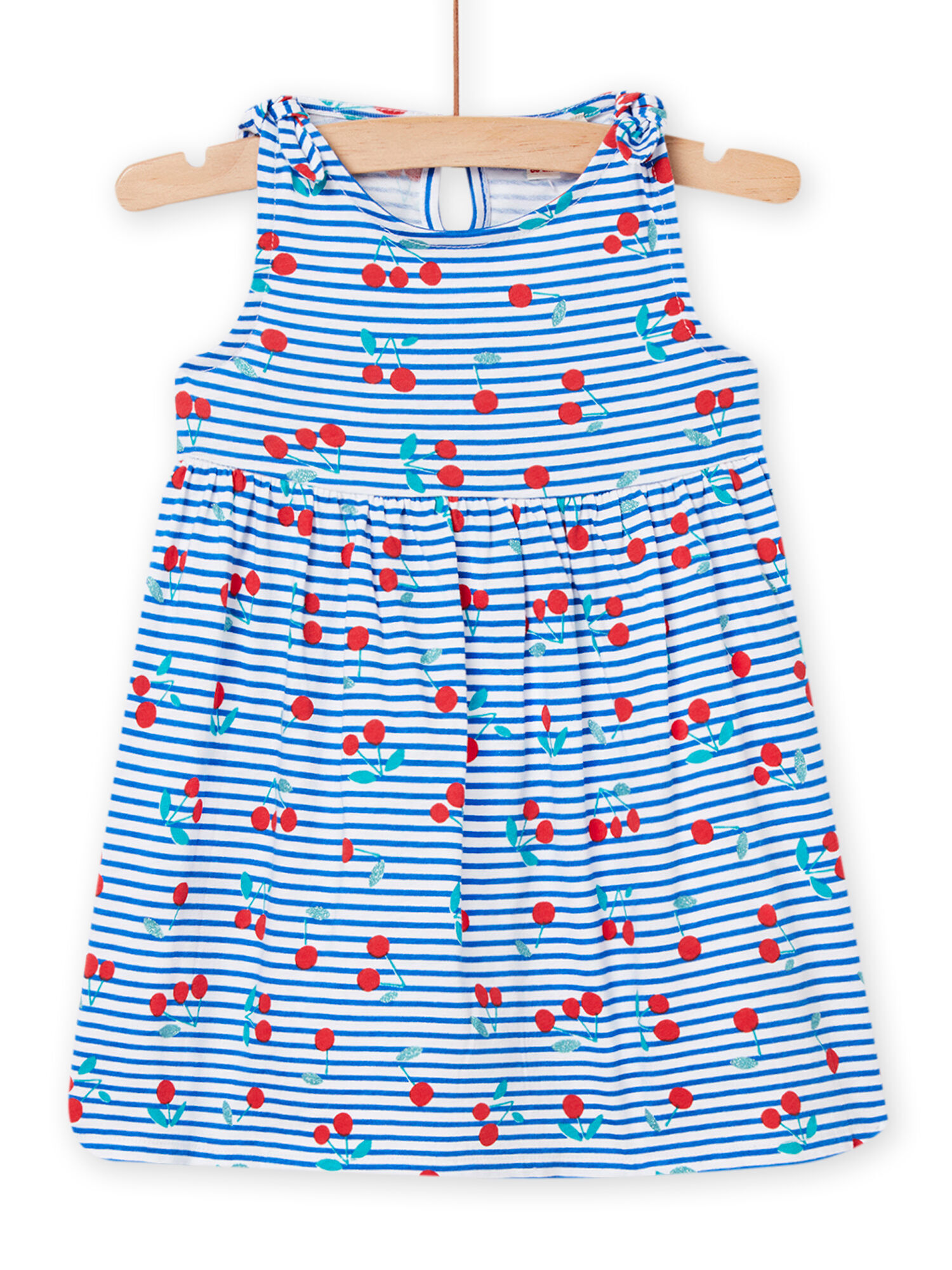 Baby girl white stripes and cherry print dress
