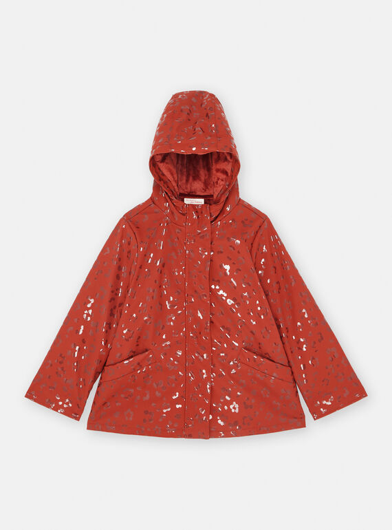 Brick-red hooded raincoat with shiny panther print SARAINIMPER / 23W901C1IMPI806