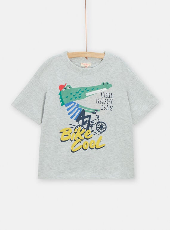 Grey mottled t-shirt with crocodile and bicycle motif for boys TOCLUTI5 / 24S902O1TMCJ920
