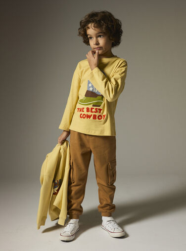 Long-sleeved pale yellow cowboy design T-shirt Long-sleeved pale yellow cowboy design T-shirt WOLANTEE2 / 25S90241TMLB102