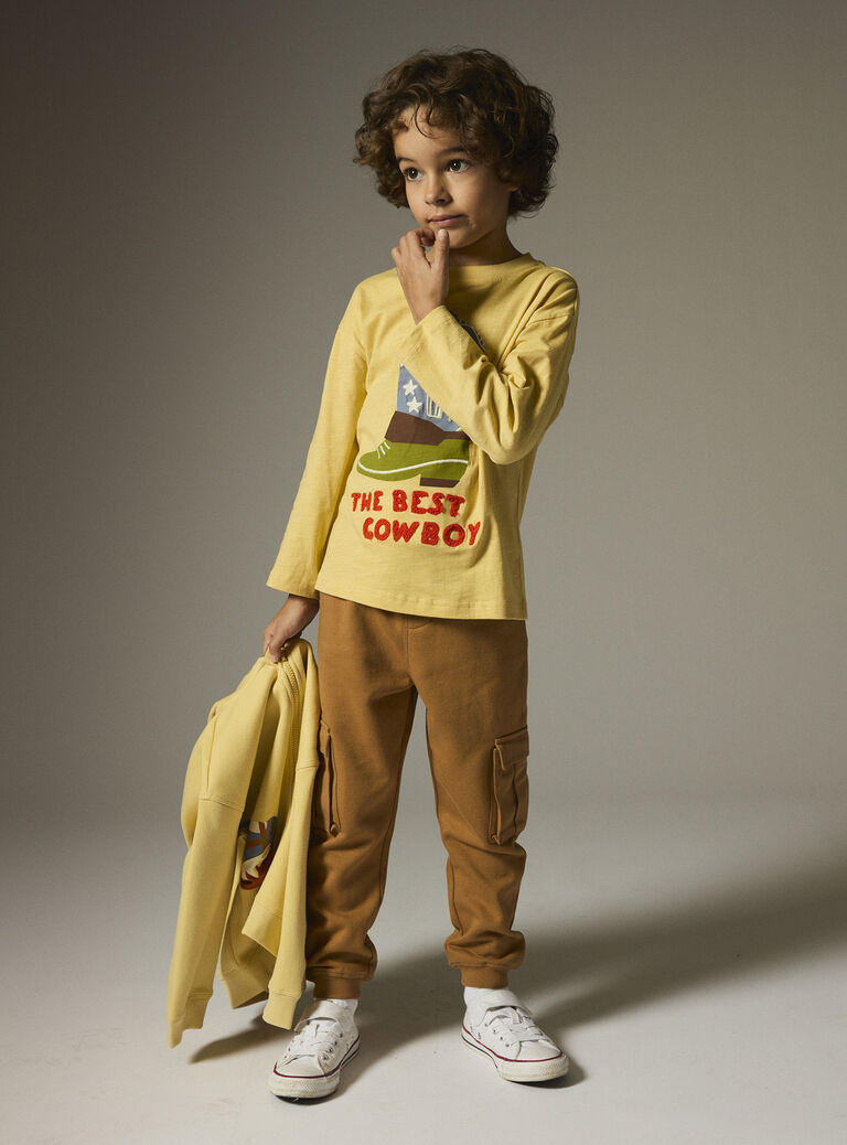 Long-sleeved pale yellow cowboy design T-shirt Long-sleeved pale yellow cowboy design T-shirt WOLANTEE2 / 25S90241TMLB102