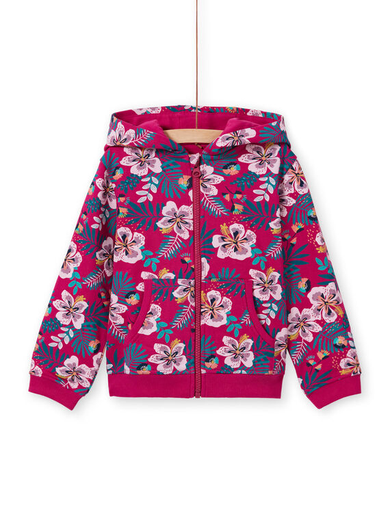 Girl's fuchsia hooded jogging top with floral print MAJOHAUJOG1EX / 21W90115JGHD312