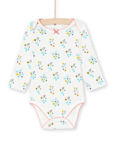 Baby girl's ecru and turquoise floral print bodysuit MEFIBODAOP / 21WH13B4BDL001