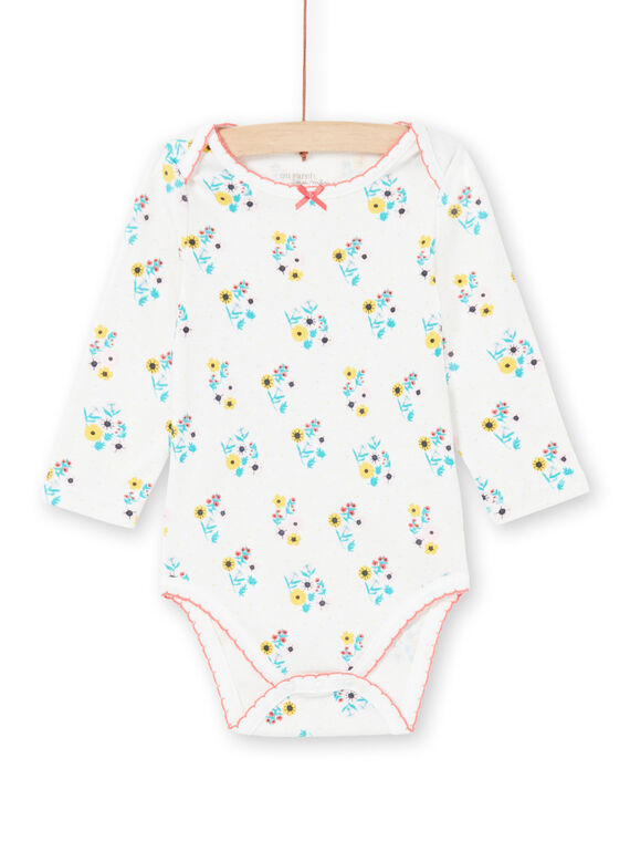 Baby girl's ecru and turquoise floral print bodysuit MEFIBODAOP / 21WH13B4BDL001