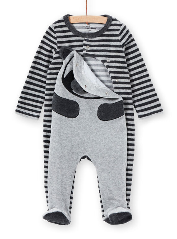 Boy's sleep suit in mottled striped velvet panda design LEGAGREPAN / 21SH1451GREJ922