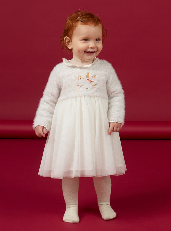 Baby girl's bi-material dress with unicorn motif MINOROB3 / 21WG09Q2ROB001