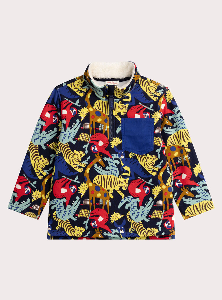 Warm lined navy sweatshirt with jungle print for boys  VOROSWE / 24W902P1SWE705