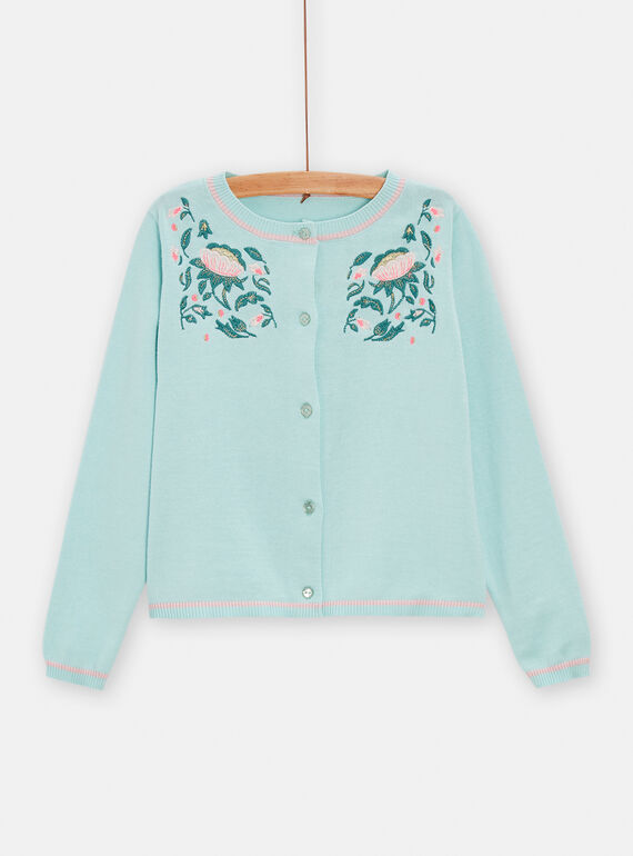 Girl's water-green cardigan with floral embroidery TAJACAR / 24S90111CAR614