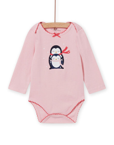 Baby girl's long sleeve bodysuit in pink with penguin print MEFIBODNEI / 21WH13C2BDLD314