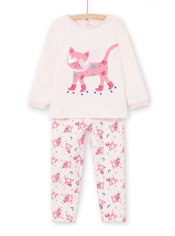 Girl's children's pajamas in cotton fleece with cat motif LEFAPYJCHA / 21SH1111PYJD314