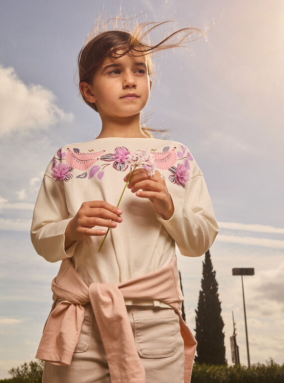 Pale beige long-sleeved floral design T-shirt WALANTEE1 / 25S90142TML003