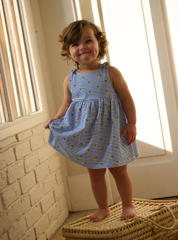 Blue and white dress with stripes and lemon print for baby girls TIPLAROB1 / 24SG09S2ROB000